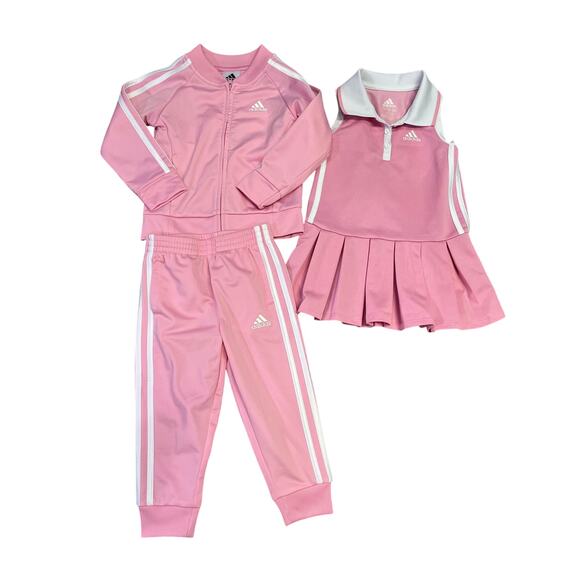 Adidas Toddler Track Suit/Matching Tennis Dress, Pink/White Size 2T Jacket/Pants - Picture 1 of 10